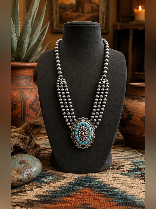 Southwest Jewelry - Southwest Western Faux Turquoise Navajo Pearl Inspired Concho Costume Necklace